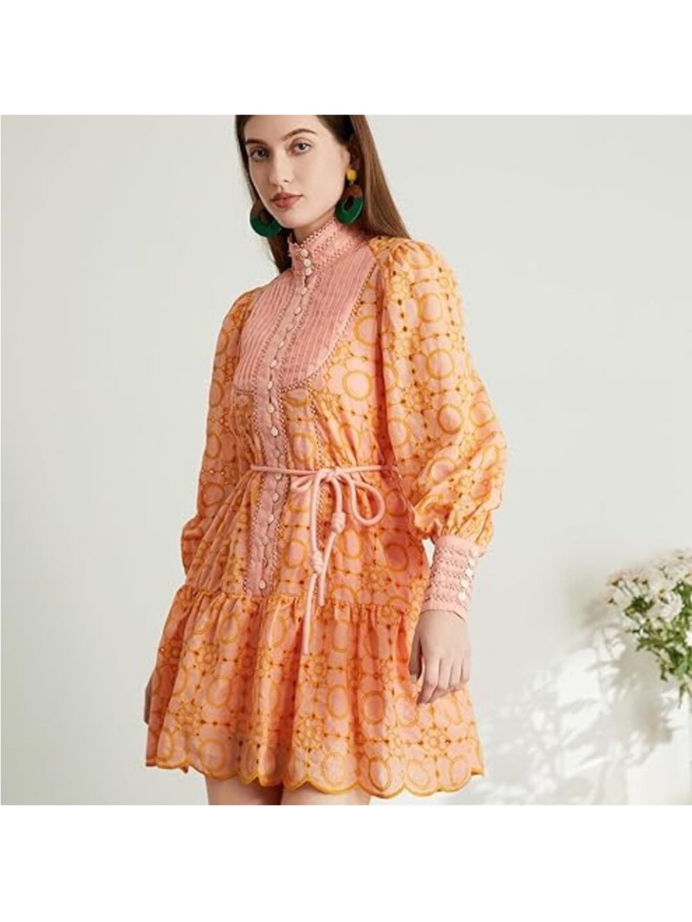 NWT Roiii Eyelit Lace Baroque Button-Down Long Sleeve Dress 95% Cotton size XS l